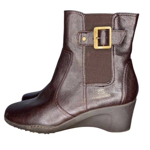 AEROSOLES Bookstore Brown Leather Wedge Ankle Boots Booties - Picture 2 of 7